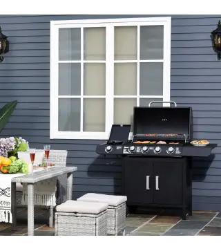 Barbacoa de Gas con 4+1 Quemadores 14,4 KW Mesas Laterales Armario de Almacenaje Termómetro y 2 Ruedas Acero Inoxidable BBQ 125x