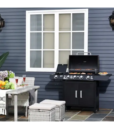 Barbacoa de Gas con 4+1 Quemadores 14,4 KW Mesas Laterales Armario de Almacenaje Termómetro y 2 Ruedas Acero Inoxidable BBQ 125x