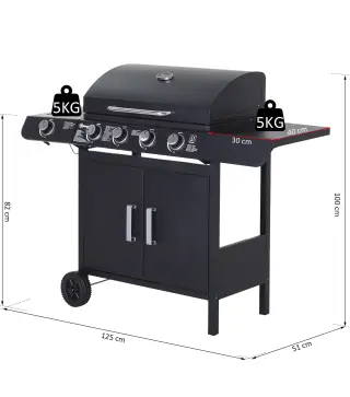 Barbacoa de Gas con 4+1 Quemadores 14,4 KW Mesas Laterales Armario de Almacenaje Termómetro y 2 Ruedas Acero Inoxidable BBQ 125x