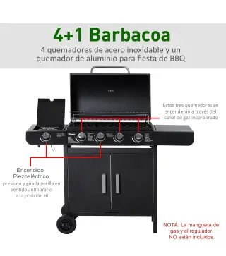 Barbacoa de Gas con 4+1 Quemadores 14,4 KW Mesas Laterales Armario de Almacenaje Termómetro y 2 Ruedas Acero Inoxidable BBQ 125x