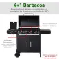 Barbacoa de Gas con 4+1 Quemadores 14,4 KW Mesas Laterales Armario de Almacenaje Termómetro y 2 Ruedas Acero Inoxidable BBQ 125x