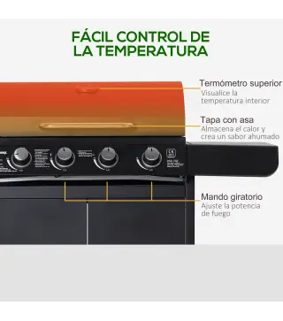 Barbacoa de Gas con 4+1 Quemadores 14,4 KW Mesas Laterales Armario de Almacenaje Termómetro y 2 Ruedas Acero Inoxidable BBQ 125x