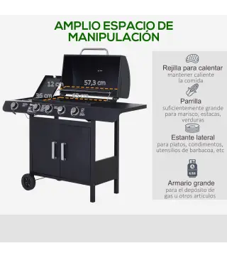 Barbacoa de Gas con 4+1 Quemadores 14,4 KW Mesas Laterales Armario de Almacenaje Termómetro y 2 Ruedas Acero Inoxidable BBQ 125x