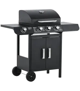 Barbacoa de Gas BBQ con 3+1 Quemadores 11,6 KW 2 Mesas Laterales Armario de 2 Puertas Termómetro y 2 Ruedas Acero Inoxidable 110