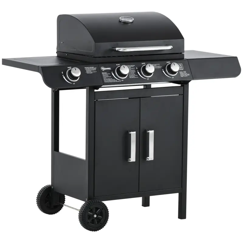 Barbacoa de Gas BBQ con 3+1 Quemadores 11,6 KW 2 Mesas Laterales Armario de 2 Puertas Termómetro y 2 Ruedas Acero Inoxidable 110 Barbacoa de Gas BBQ con 3+1 Quemadores 11,6 KW 2 Mesas Laterales Armario de 2 Puertas Termómetro y 2 Ruedas Acero Inoxidable 110