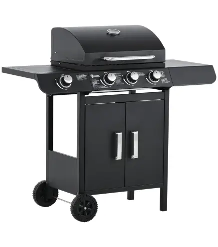 Barbacoa de Gas BBQ con 3+1 Quemadores 11,6 KW 2 Mesas Laterales Armario de 2 Puertas Termómetro y 2 Ruedas Acero Inoxidable 110