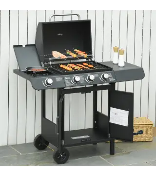 Barbacoa de Gas BBQ con 3+1 Quemadores 11,6 KW 2 Mesas Laterales Armario de 2 Puertas Termómetro y 2 Ruedas Acero Inoxidable 110