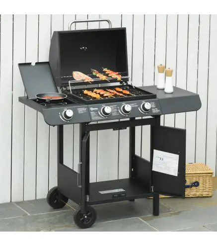 Barbacoa de Gas BBQ con 3+1 Quemadores 11,6 KW 2 Mesas Laterales Armario de 2 Puertas Termómetro y 2 Ruedas Acero Inoxidable 110