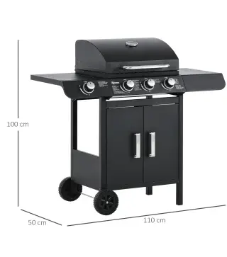 Barbacoa de Gas BBQ con 3+1 Quemadores 11,6 KW 2 Mesas Laterales Armario de 2 Puertas Termómetro y 2 Ruedas Acero Inoxidable 110