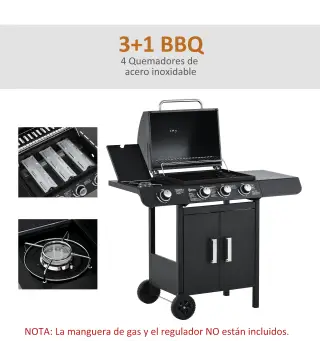 Barbacoa de Gas BBQ con 3+1 Quemadores 11,6 KW 2 Mesas Laterales Armario de 2 Puertas Termómetro y 2 Ruedas Acero Inoxidable 110