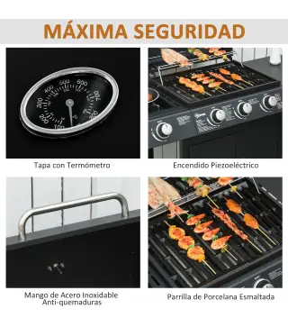 Barbacoa de Gas BBQ con 3+1 Quemadores 11,6 KW 2 Mesas Laterales Armario de 2 Puertas Termómetro y 2 Ruedas Acero Inoxidable 110