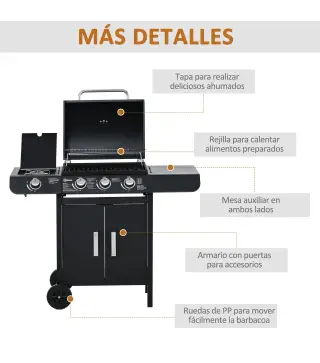 Barbacoa de Gas BBQ con 3+1 Quemadores 11,6 KW 2 Mesas Laterales Armario de 2 Puertas Termómetro y 2 Ruedas Acero Inoxidable 110