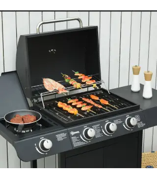 Barbacoa de Gas BBQ con 3+1 Quemadores 11,6 KW 2 Mesas Laterales Armario de 2 Puertas Termómetro y 2 Ruedas Acero Inoxidable 110