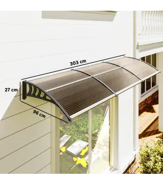 Marquesina Exterior para Puertas y Ventanas 303x96x27 cm con Regleta de Aleación de Aluminio PP Policarbonato Marrón