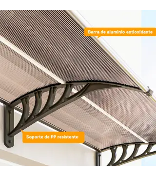 Marquesina Exterior para Puertas y Ventanas 303x96x27 cm con Regleta de Aleación de Aluminio PP Policarbonato Marrón