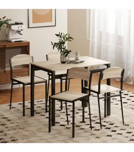 Juego de Mesa y 4 Sillas de Comedor Estilo Moderno Marco Metálico para Espacios Pequeños Negro
