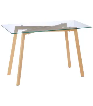 Mesa de Comedor para 4 Personas con Encimera de Cristal y Patas de Acero Efecto Madera 120x60x76 cm Transparente