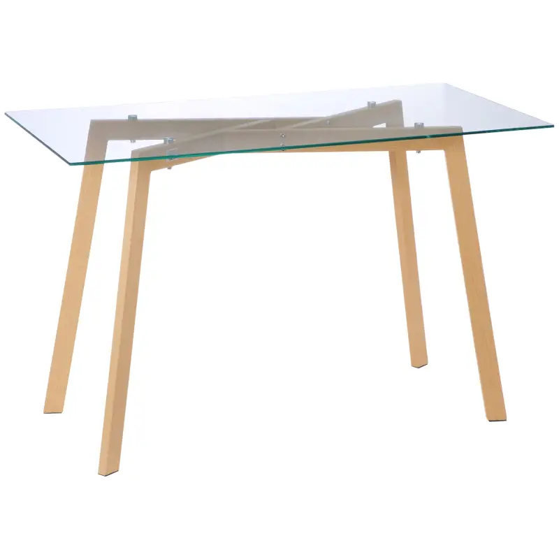 Mesa de Comedor para 4 Personas con Encimera de Cristal y Patas de Acero Efecto Madera 120x60x76 cm Transparente