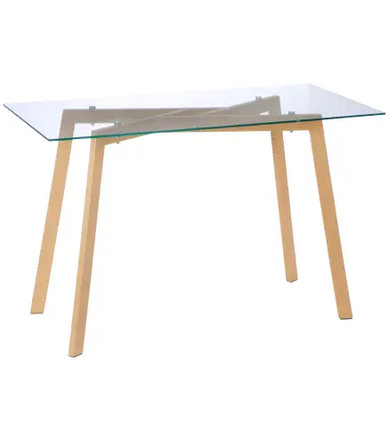 Mesa de Comedor para 4 Personas con Encimera de Cristal y Patas de Acero Efecto Madera 120x60x76 cm Transparente