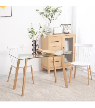 Mesa de Comedor para 4 Personas con Encimera de Cristal y Patas de Acero Efecto Madera 120x60x76 cm Transparente