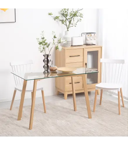 Mesa de Comedor para 4 Personas con Encimera de Cristal y Patas de Acero Efecto Madera 120x60x76 cm Transparente