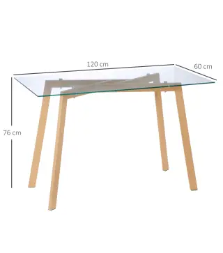 Mesa de Comedor para 4 Personas con Encimera de Cristal y Patas de Acero Efecto Madera 120x60x76 cm Transparente