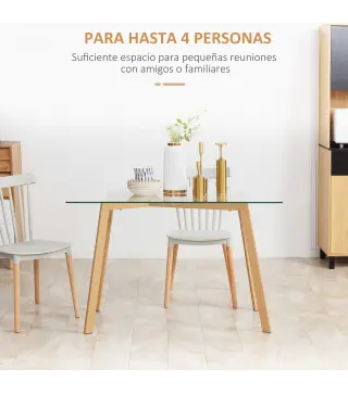 Mesa de Comedor para 4 Personas con Encimera de Cristal y Patas de Acero Efecto Madera 120x60x76 cm Transparente