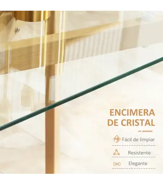 Mesa de Comedor para 4 Personas con Encimera de Cristal y Patas de Acero Efecto Madera 120x60x76 cm Transparente