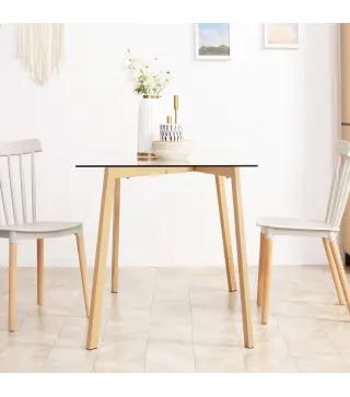 Mesa de Comedor para 4 Personas con Encimera de Cristal y Patas de Acero Efecto Madera 120x60x76 cm Transparente