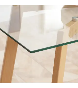 Mesa de Comedor para 4 Personas con Encimera de Cristal y Patas de Acero Efecto Madera 120x60x76 cm Transparente
