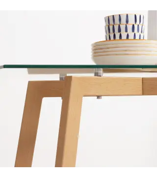 Mesa de Comedor para 4 Personas con Encimera de Cristal y Patas de Acero Efecto Madera 120x60x76 cm Transparente