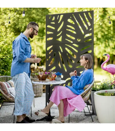 Biombo de 3 Paneles 122x198 cm Biombo Separador de Ambientes con Soporte Diseño de Hojas Negro