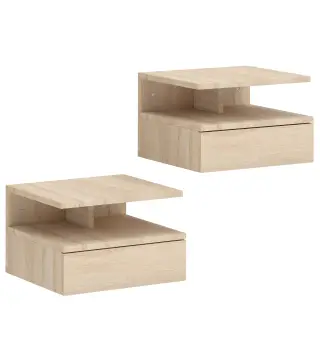 Set de 2 Mesitas de Noche Flotantes con 1 Cajón y Estante Abierto Diseño Moderno Montado en la Pared 35x32x22,5 cm Roble