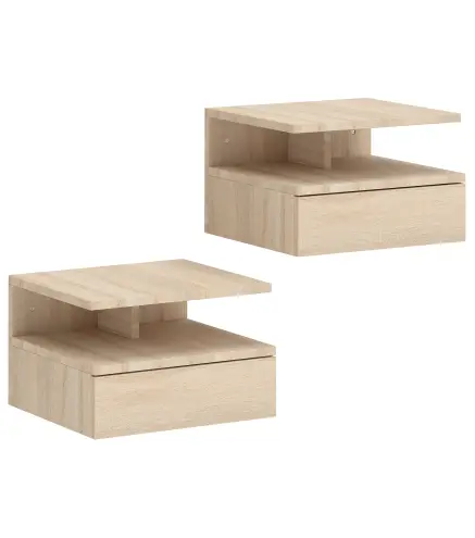 Set de 2 Mesitas de Noche Flotantes con 1 Cajón y Estante Abierto Diseño Moderno Montado en la Pared 35x32x22,5 cm Roble