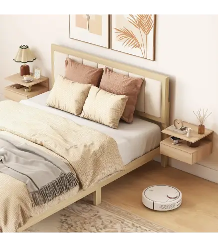 Set de 2 Mesitas de Noche Flotantes con 1 Cajón y Estante Abierto Diseño Moderno Montado en la Pared 35x32x22,5 cm Roble