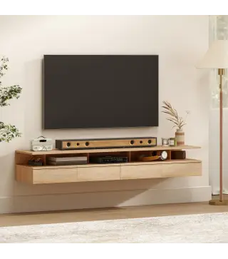 Set de 2 Mesitas de Noche Flotantes con 1 Cajón y Estante Abierto Diseño Moderno Montado en la Pared 35x32x22,5 cm Roble