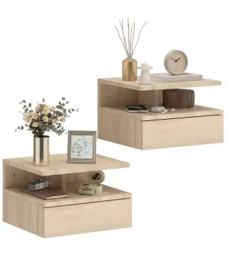Set de 2 Mesitas de Noche Flotantes con 1 Cajón y Estante Abierto Diseño Moderno Montado en la Pared 35x32x22,5 cm Roble