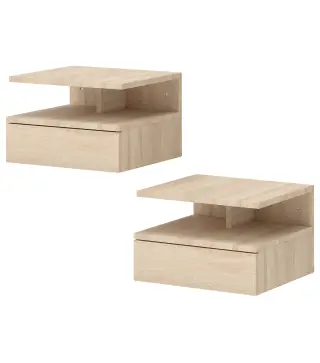 Set de 2 Mesitas de Noche Flotantes con 1 Cajón y Estante Abierto Diseño Moderno Montado en la Pared 35x32x22,5 cm Roble