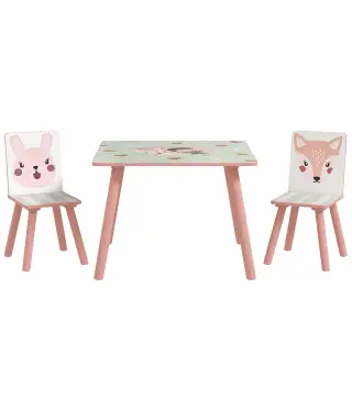Set de Mesa y 2 Sillas Conjunto de Muebles Infantiles de 3 Piezas para Niños de +3 Años con Estampado Animales y Rosa