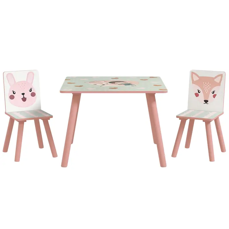 Set de Mesa y 2 Sillas Conjunto de Muebles Infantiles de 3 Piezas para Niños de +3 Años con Estampado Animales y Rosa