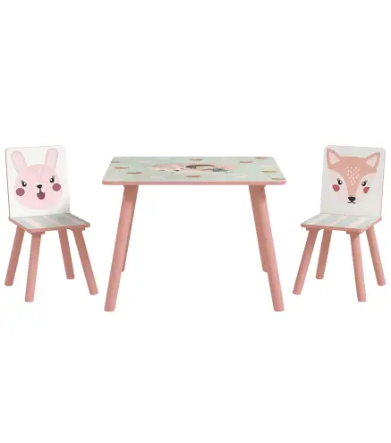 Set de Mesa y 2 Sillas Conjunto de Muebles Infantiles de 3 Piezas para Niños de +3 Años con Estampado Animales y Rosa