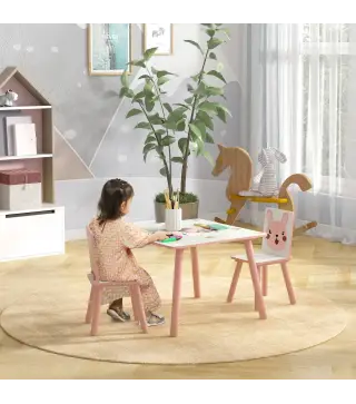 Set de Mesa y 2 Sillas Conjunto de Muebles Infantiles de 3 Piezas para Niños de +3 Años con Estampado Animales y Rosa