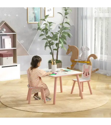 Set de Mesa y 2 Sillas Conjunto de Muebles Infantiles de 3 Piezas para Niños de +3 Años con Estampado Animales y Rosa