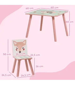 Set de Mesa y 2 Sillas Conjunto de Muebles Infantiles de 3 Piezas para Niños de +3 Años con Estampado Animales y Rosa