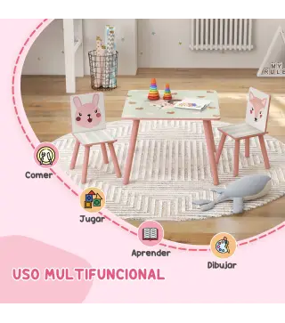 Set de Mesa y 2 Sillas Conjunto de Muebles Infantiles de 3 Piezas para Niños de +3 Años con Estampado Animales y Rosa
