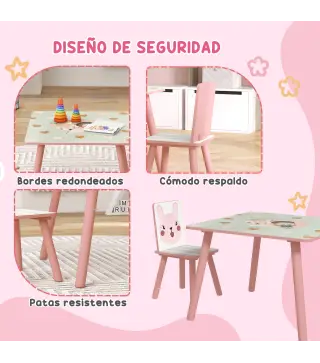 Set de Mesa y 2 Sillas Conjunto de Muebles Infantiles de 3 Piezas para Niños de +3 Años con Estampado Animales y Rosa