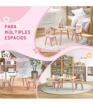 Set de Mesa y 2 Sillas Conjunto de Muebles Infantiles de 3 Piezas para Niños de +3 Años con Estampado Animales y Rosa