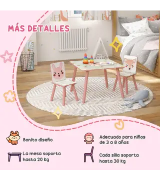 Set de Mesa y 2 Sillas Conjunto de Muebles Infantiles de 3 Piezas para Niños de +3 Años con Estampado Animales y Rosa