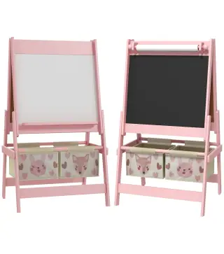 Caballete Infantil 3 en 1 Caballete para Niños de Doble Cara con Rollo de Papel Pizarras y 2 Cestas 54x46,5x93 cm Rosa