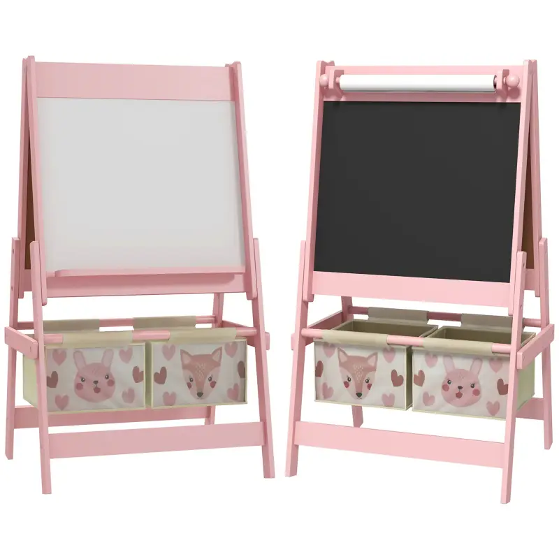 Caballete Infantil 3 en 1 Caballete para Niños de Doble Cara con Rollo de Papel Pizarras y 2 Cestas 54x46,5x93 cm Rosa